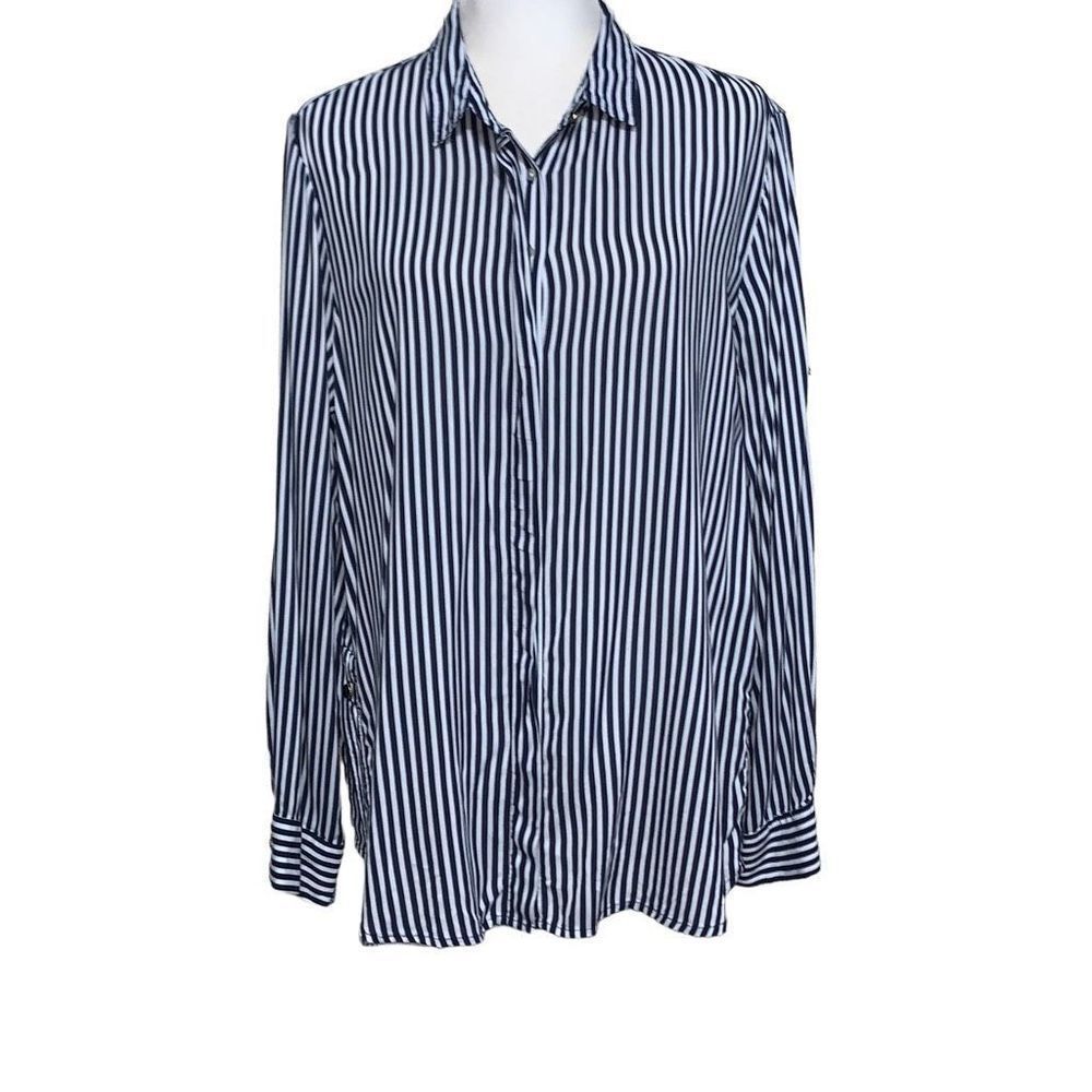 Zara Basic Blue White Stripe Button Down Top XXL
